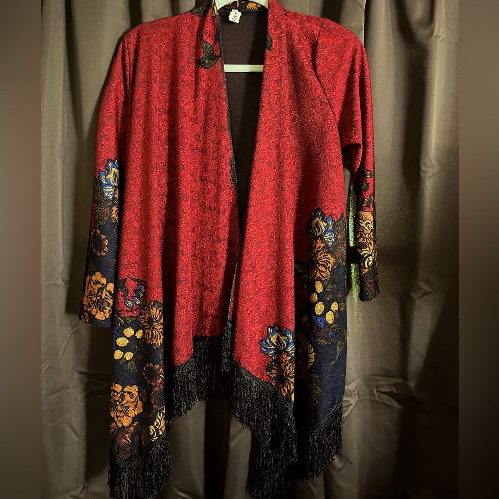 Ladies Dailier fringed coverup, Size Large, Dark Red Black, Gold , blue, Orange